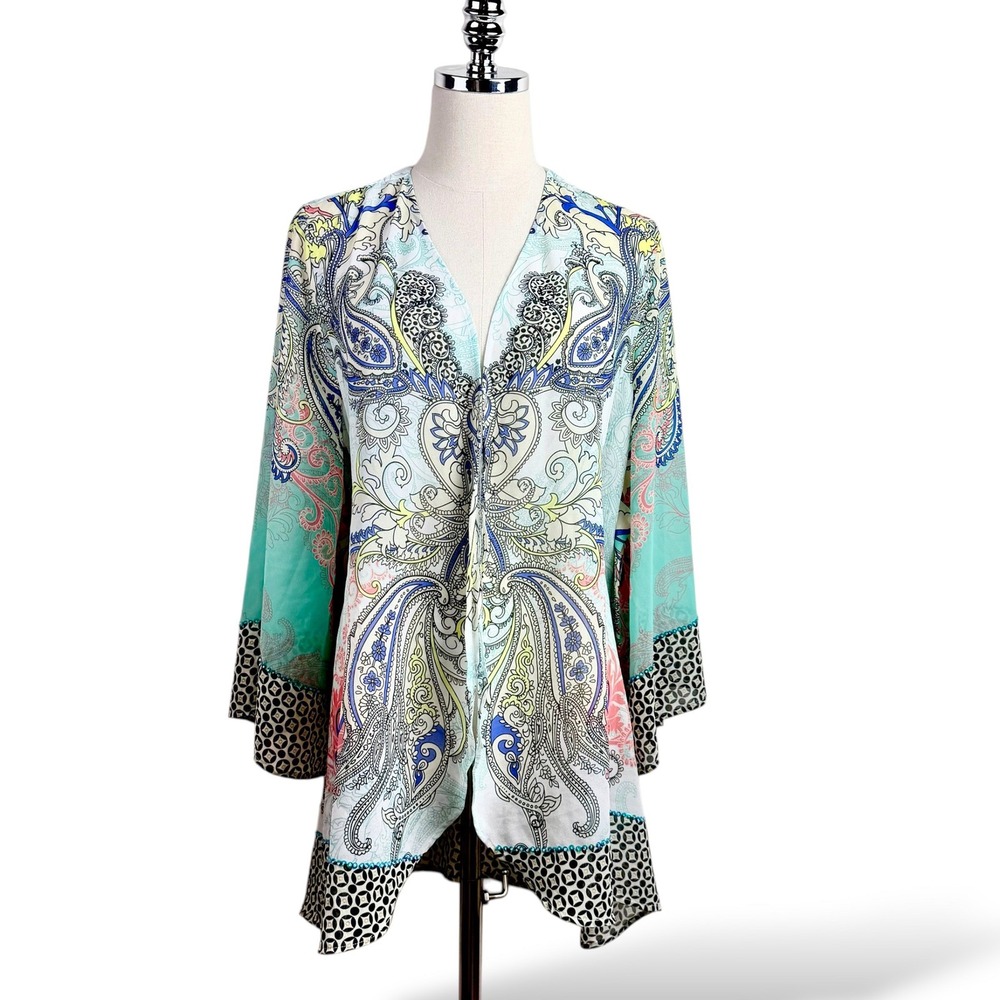 Soft Surroundings Womens S M Sheer Kimono Blue Paisley Sequin Sleeve Boho Duster
